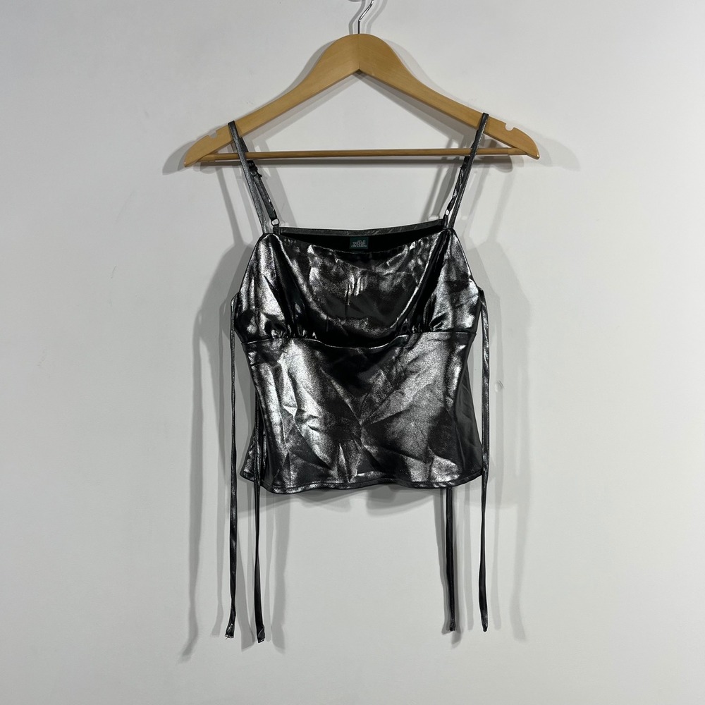Womens Y2K Babydoll Statement Metallic Silver Cami Top XS Concerts Festival 90s